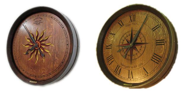 decorative sunburst and compass rose carved wine barrel clocks
